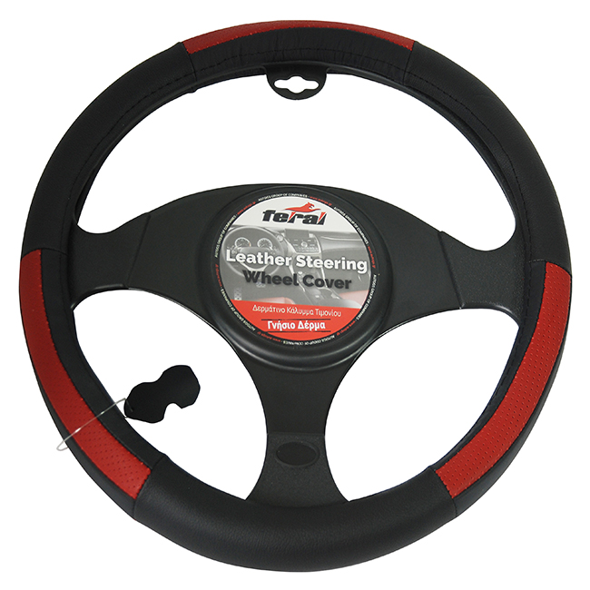 Steering Wheel Cover Leather Black-Red Medium 38cm