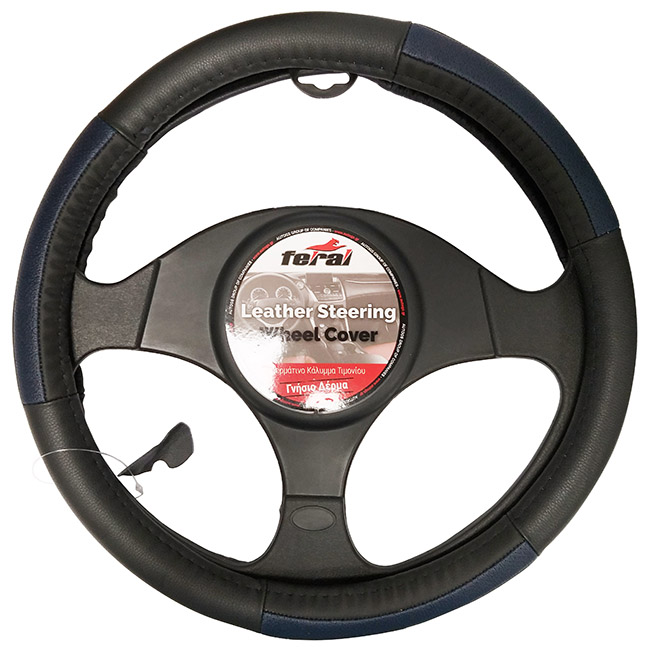 Steering Wheel Cover Leather Black-Blue Medium 38cm