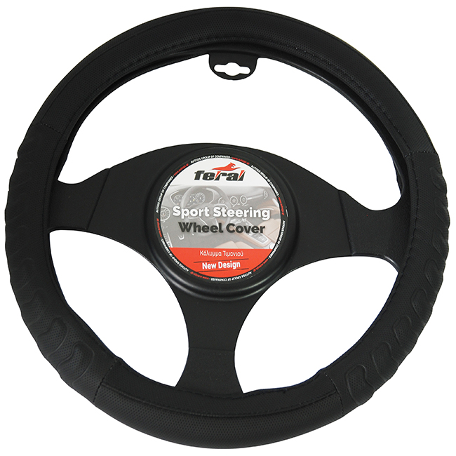 Steering Wheel Cover Leatherette Embossed Black Medium 38cm