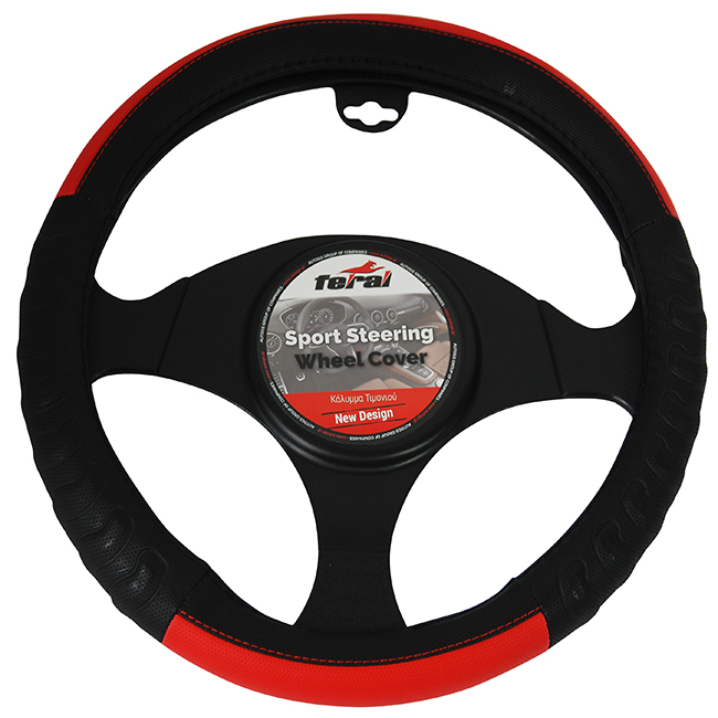 Steering Wheel Cover Leatherette Embossed Black-Red Medium 38cm