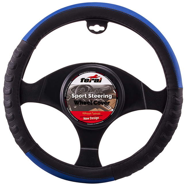 Steering Wheel Cover Leatherette Embossed Black-Blue Medium 38cm