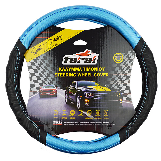 Steering Wheel Cover Leatherette Speed Black-Blue Carbon With Blue Stitching Medium 38cm